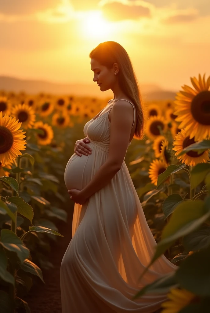 gestante, 9 meses, sunflower plantations, sunset, flowing dress