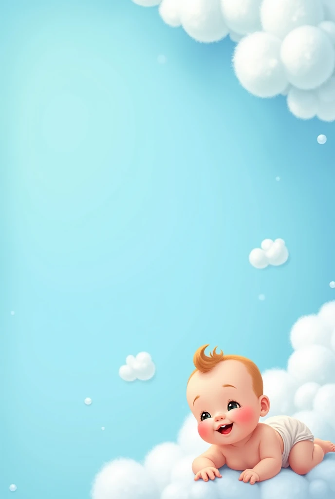 an image for slide, with baby blue background, in the upper left corner a detail of clouds well . In the lower right corner details of clouds with a baby lying down smiling.
something lively, not at all realistic.