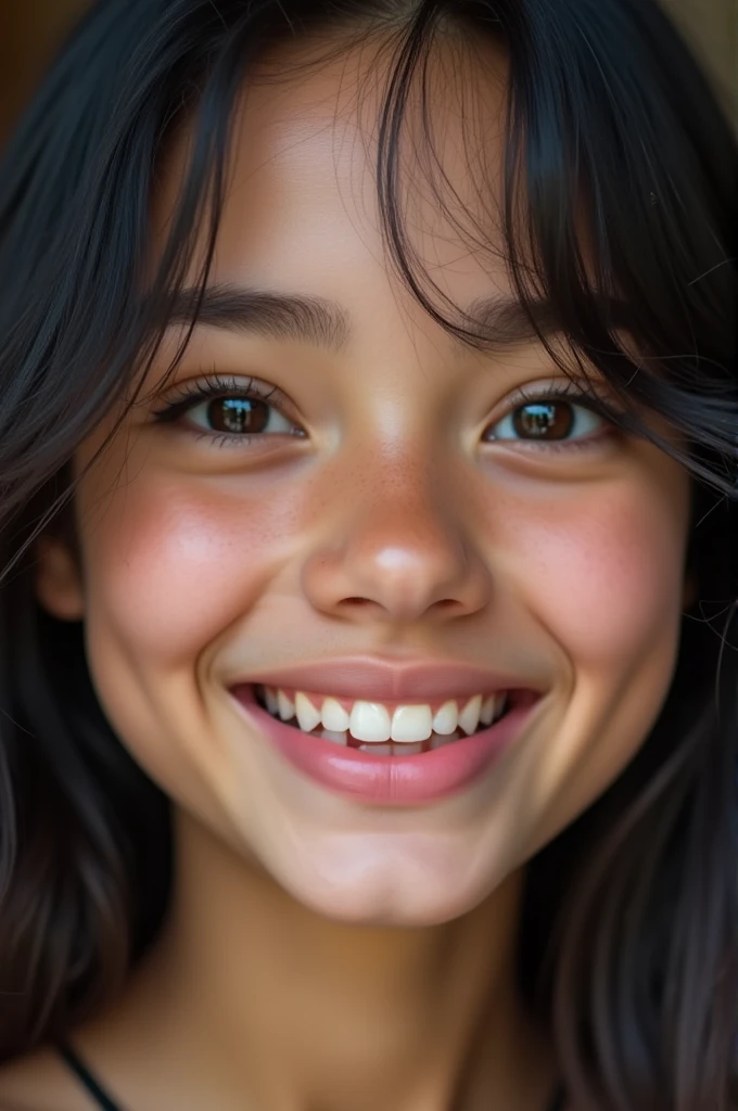 A girl with decent attractive smile a little gap between front two teeth but teeth are beautiful a must have mole inside right eyebrow and  on left cheek a little big eye and lip and a  thin beautiful nose black open hair  a little dimple near upper lip when smile 