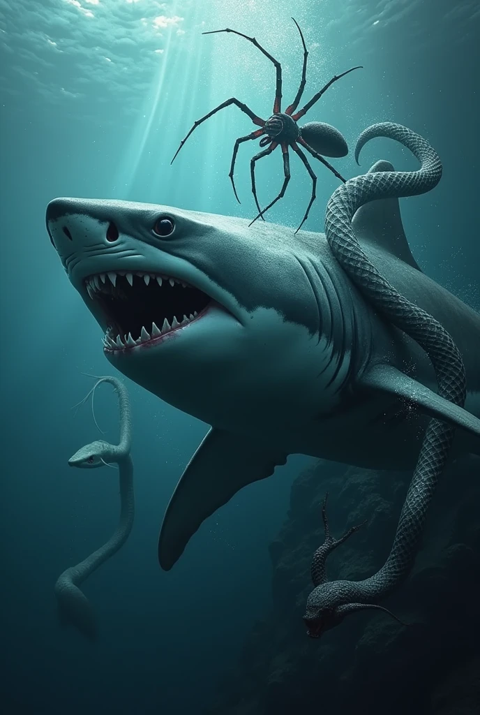 Wallpaper with a great white shark, a spider and a snake