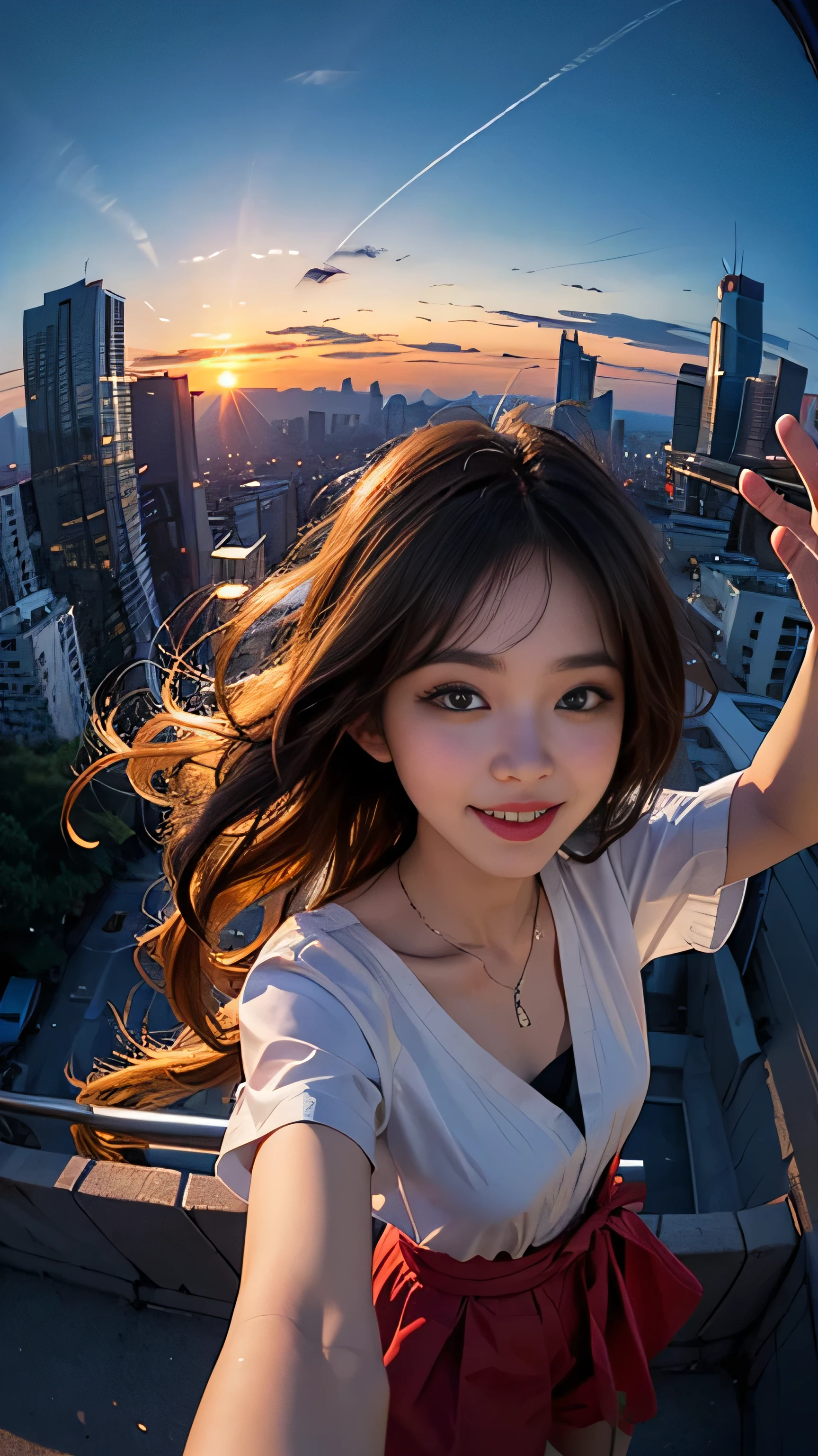 One girl, Korean, Fisheye Lens, Selfie, Wind, Messy Hair, sunset, Cityscape, (Aesthetics and atmosphere:1.2),smile