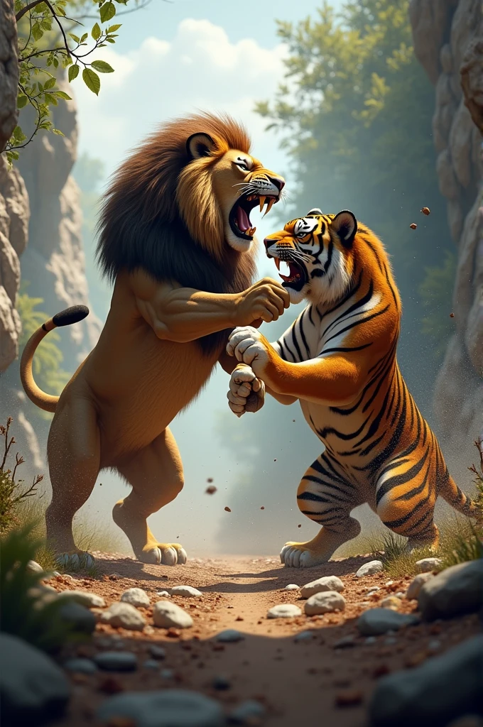 A lion attacking on the tiger aggressive war between them
