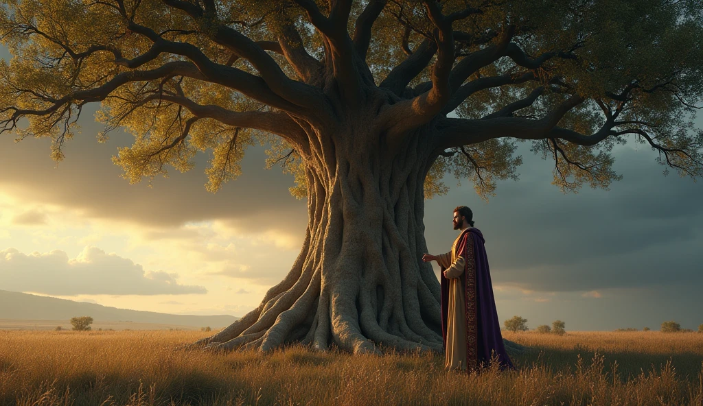 Create a hyper-realistic and mysterious image of a large, ancient tree with deep, extensive roots spreading through the fertile soil. The tree is loaded with different fruits, each branch representing a type of investment – gold, Lands, trade, and cattle. Solomon, dressed in a long linen tunic embroidered in gold and a purple cloak with velvet trim, is standing next to the tree, with one hand touching the sturdy trunk, symbolizing the strength and security that comes from diversification. Ao fundo, a storm is approaching, but the tree stands firm, protected by its deep roots. The golden light illuminating the tree should create a dramatic contrast with the dark storm clouds., highlighting the metaphor of diversification as the key to financial stability in times of uncertainty.