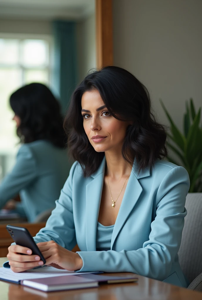 a one woman, Mother , businesswoman,dark brown eyes, black and medium hair, evangelical, wearing a blue outfit, well behaved executive, In an office, with a cell phone in hand, sitting at the table studying, in the background a mirror,a photo for your Instagram profile,