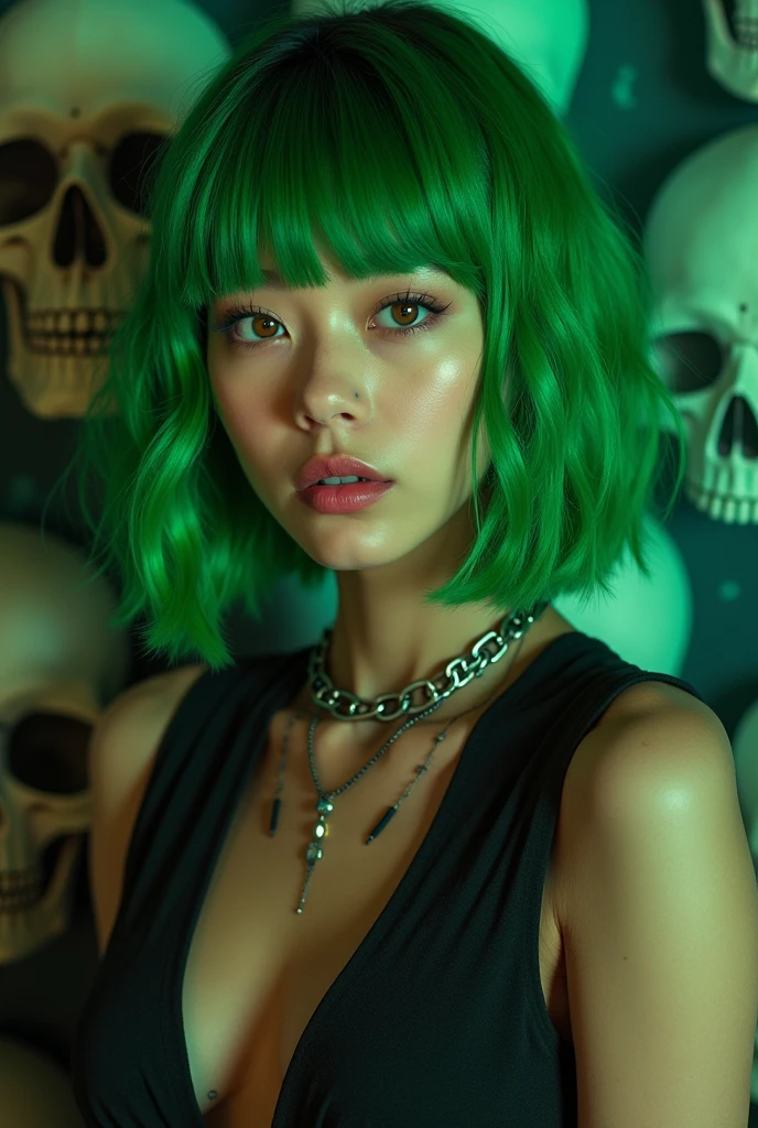 (best quality, 8K, 32K, masterpiece, Ultra HD:1.2),Photos of 18-year-old American beauties,, Super Short Straight Bob Hairstyle,Upper Body,Face Focus,(Oversized_Vest,:1.1) necklace, Horror background with skull, Looking at the audience, Lean forward, Scar on collarbone (((Green Hair,Green bangs))), (((Vibrant light black eyes))) (((Award details)) ((Avatar makeup and pop star clothing)))