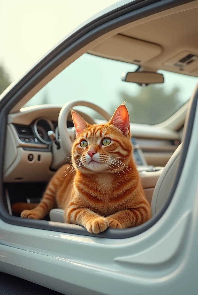 A red cat sitting in a white car
