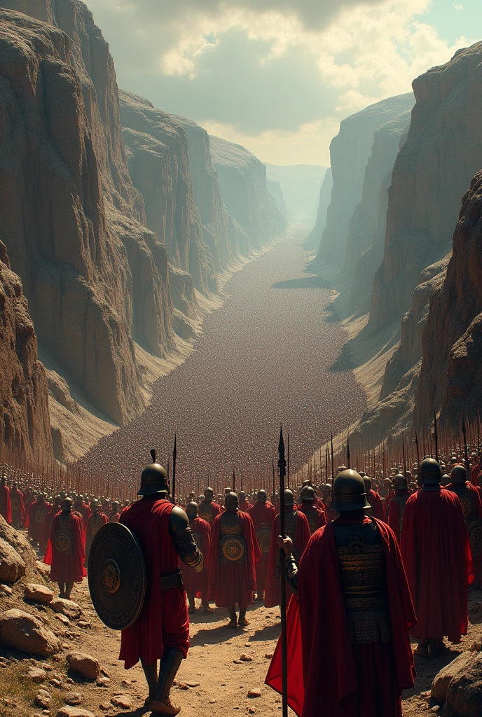 Battle of Thermopylae, with Spartans on one side and Persians wearing black armor on the other, view from above and in the distance emphasizing the size of the Persian army with thousands of soldiers and 300 Spartan soldiers