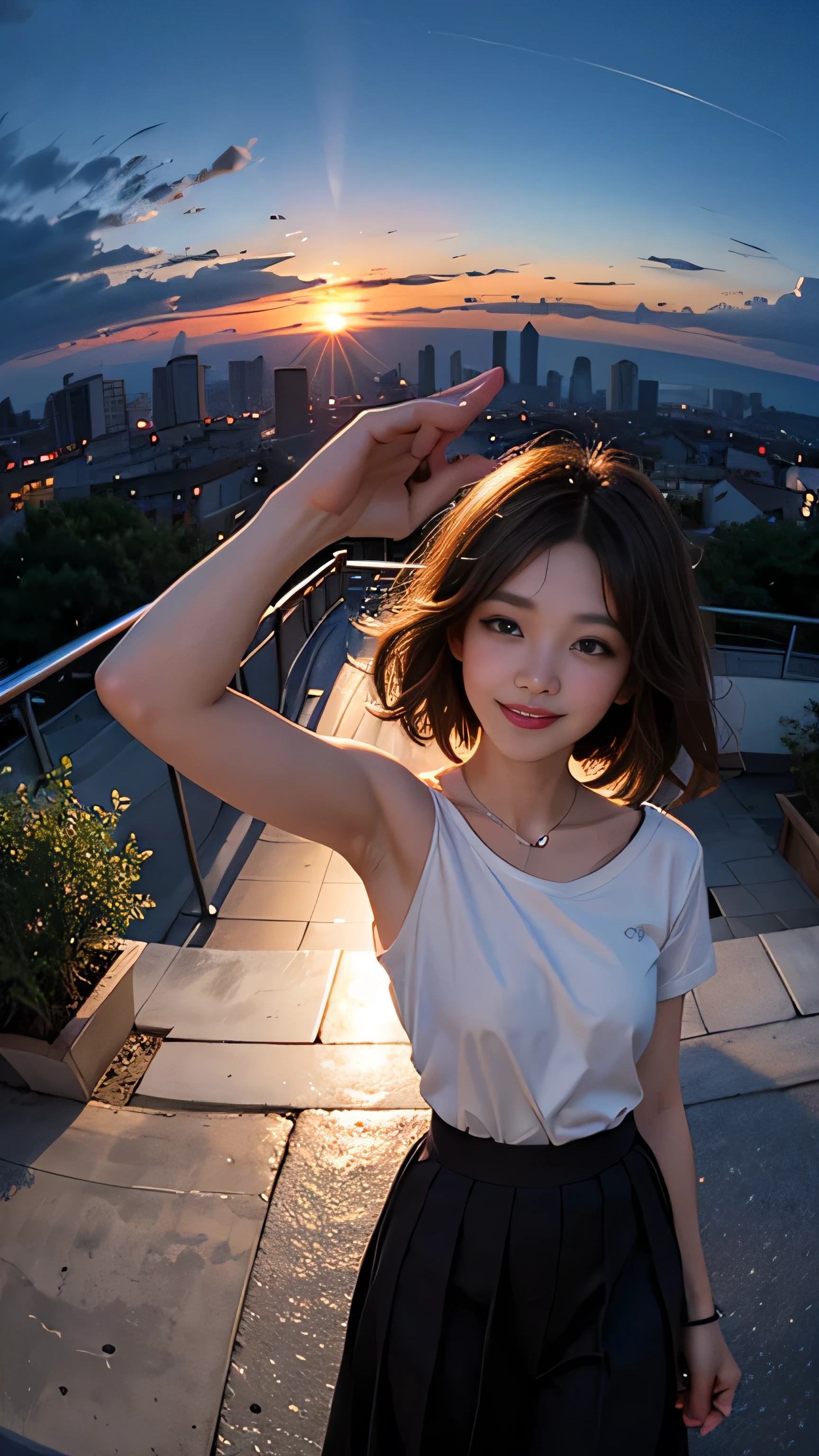 One girl, Korean, Fisheye Lens, Selfie, Wind, Messy Hair, sunset, Cityscape, (Aesthetics and atmosphere:1.2),smile