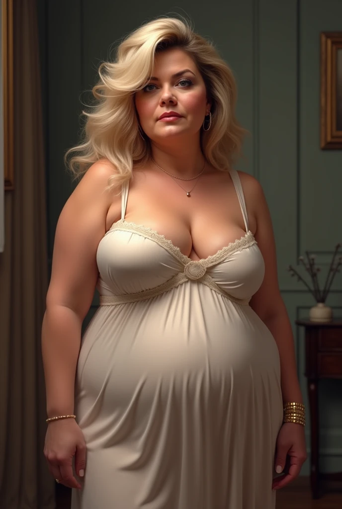 A woman between the ages of 50 and 67, with blonde and black hair. She has big breasts and a little saggy, a body with rounded and voluptuous features, and a rounded face. She was wearing a nightgown or something similar. Her expression should reflect a striking presence, but not necessarily authoritarian.