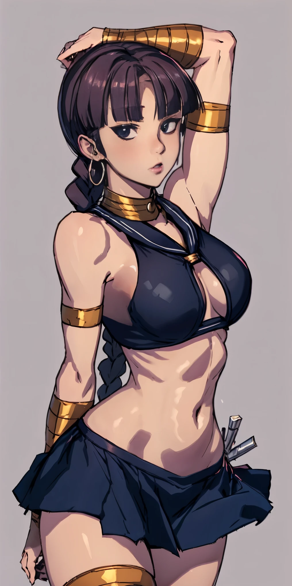score_9, score_8_up, score_7_up, score_6_up, score_5_up, score_4_up, source_anime, BREAK, female gal jk schoolgirl, school uniform, blunt bangs, long braid hair, masterpiece,best quality,4k,1girl, armlet, arms at sides, bare shoulders, between breasts