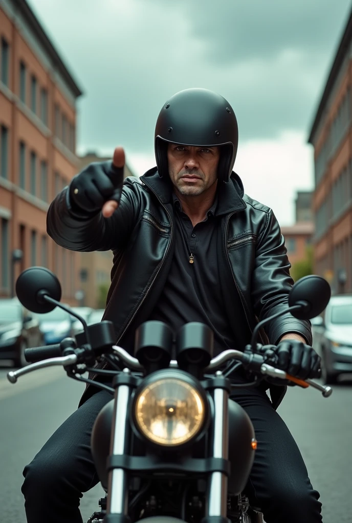 horizontal image of a biker sitting on a stopped motorcycle, wearing a helmet with an open visor, where you can see his face with a serious expression, he is in front, pointing the thumb down. in the background there is a street with several cars and buildings. The sky is cloudy.