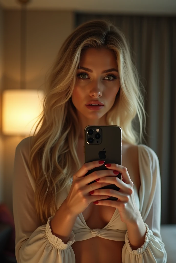 (best qualityer))), highly detailed, high resolution. Mulher de 25 aphis, blondie hair, clear green eyes, fleshy lips, heavy make-up, phi ((phi quarto de hotel)) in front of the mirror taking a photo,  in a sexy blouse, front view holding iPhone pro Max 15 detail of apple symbol on cover detail of full body portrait 