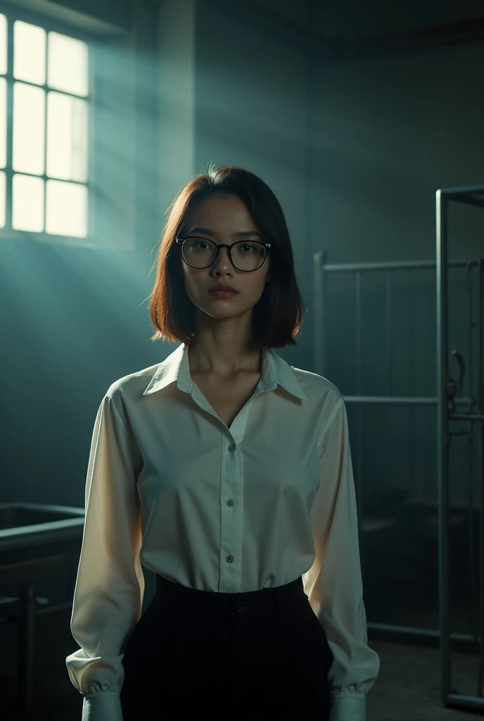 A dramatic shot of a young female lawyer, standing in front of a window in an interrogation room. She is wearing a long sleeve shirt and glasses, and the sunlight is casting shadows on her face
