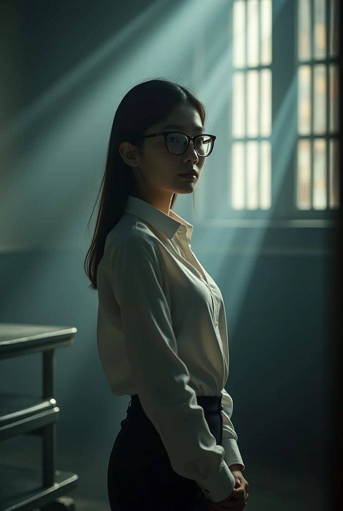 A dramatic shot of a young female lawyer, standing in front of a window in an interrogation room. She is wearing a long sleeve shirt and glasses, and the sunlight is casting shadows on her face
