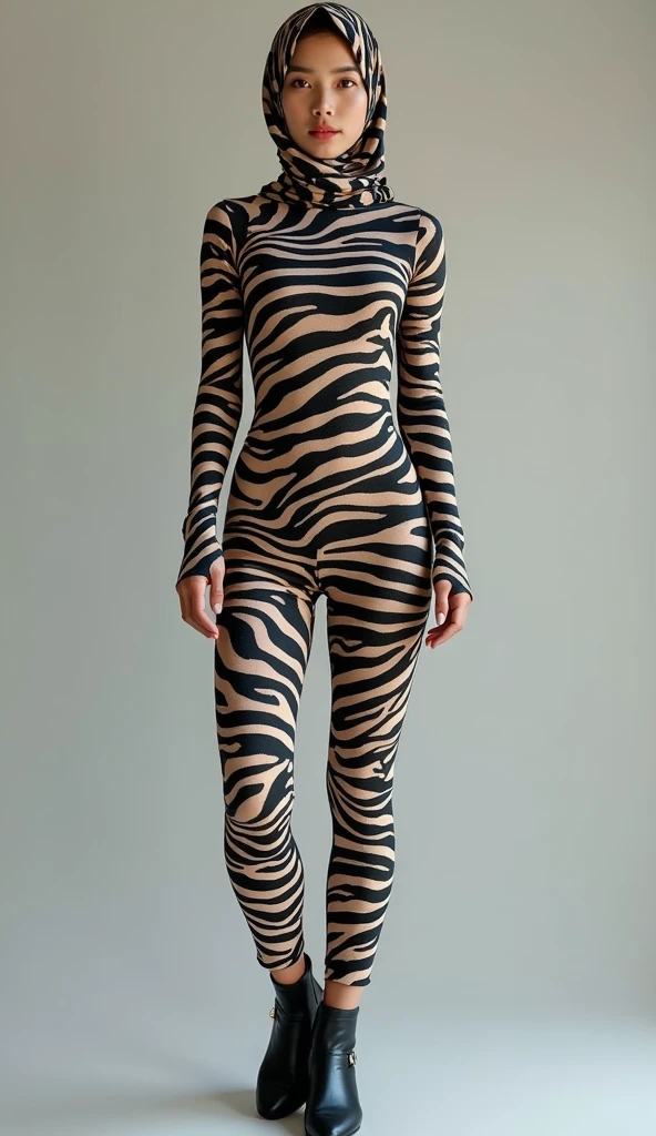 A 3 thin and beautiful asian muslimah muslim woman wears zebra print lycra turtleneck unitard catsuit.She always wear cotton zebra print hijab.She is standing.
