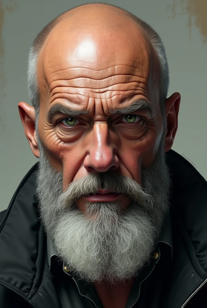 Creating a 42 year old man with a big gray beard and bald head,white and green-eyed