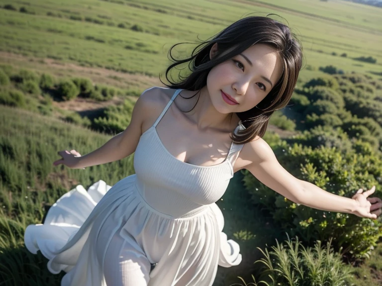 A drone-captured aerial view of a woman standing in an open field, looking up towards the sky. The perspective is from directly above, giving a sense of height and distance as the drone hovers high above her. She is wearing a flowing white dress that contrasts sharply with the lush green grass beneath her. Her hair is gently tousled by the breeze, and her arms are slightly outstretched, creating a feeling of openness and connection with the sky. The sunlight casts long shadows, enhancing the depth and dimension of the scene, while her serene and curious expression is clearly visible from the top-down view.