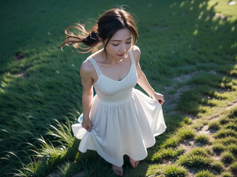 A drone-captured aerial view of a woman standing in an open field, looking up towards the sky. The perspective is from directly above, giving a sense of height and distance as the drone hovers high above her. She is wearing a flowing white dress that contrasts sharply with the lush green grass beneath her. Her hair is gently tousled by the breeze, and her arms are slightly outstretched, creating a feeling of openness and connection with the sky. The sunlight casts long shadows, enhancing the depth and dimension of the scene, while her serene and curious expression is clearly visible from the top-down view.