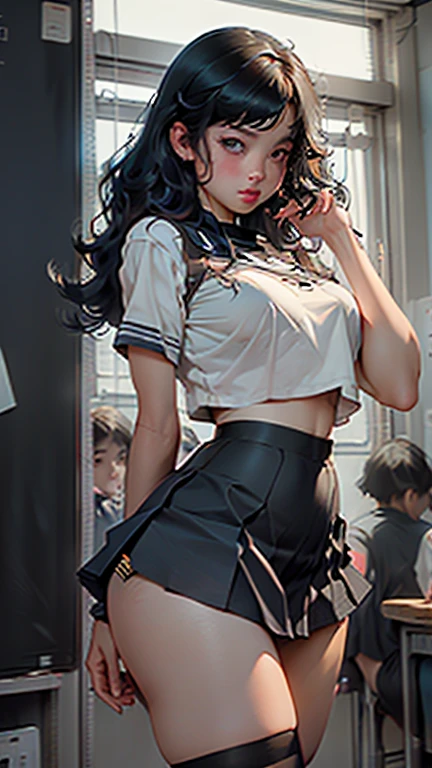 (((1 person)),Ray Tracing,(Dim lighting),[詳細な背景 School classroom)),((Black Hair)),(Black Hair)),((Fluffy Black Hair, Big tits and slim)) Shortcuts))) School classroom ((((She is wearing a sailor uniform that shows her underwear, A mini skirt with a bulging curve and black transparent stockings), Delicate, slim figure and big breasts, Correct limbs, 正面立でPut your hands behind your back, Put your hands behind your back, Put your hands behind your back , Eye details, Beautiful Eyes, Enchanted eyes, Jumpy blue eyes