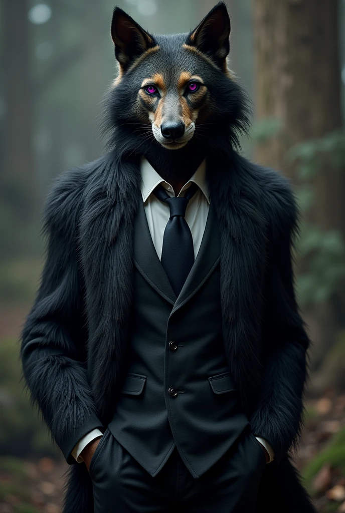 tanned man, long black fur, purple eyes, With a suit