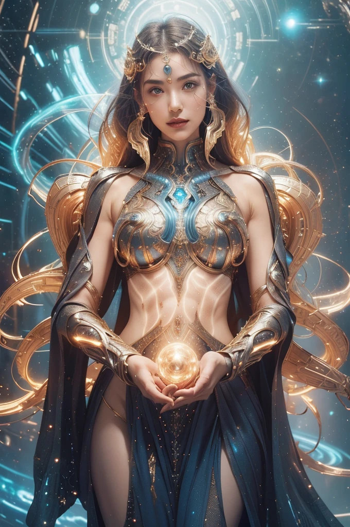 The cosmic realm shimmers with ethereal energy, and in the center of this celestial ballet, a radiant figure emerges. Nebula, a futuristic female warrior, an embodiment of cosmic power and seductive allure, materializes before you, her form composed of swirling stardust and celestial energy.