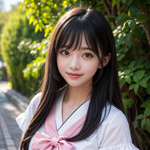 Standing on the side of a Japanese street，Wear Japanese student sailor uniform, Sailor uniform is white with pink collar，Pink pleated skirt，（knee shot)，best quality, Delicate face，beautiful visual work, lifelike,  eternity, black hair, Long curly hair, blunt bangs, Smile, Detailed Background,  Delicate face，pink blush，cold，((masterpiece))、(top quality)、8k、high detail、Super detailed，3 female, Seductive and whimsical style、masterpiece、born、Scenes resembling fairy tale illustrations、Intricate details and complex designs、Beautifully、magic、capricious、 Beautifully、Dream aesthetics、「𝓡𝓸𝓶𝓪𝓷𝓽𝓲𝓬、ethereal、charming、fickle、magic」、Realism、Visual effects、FXAA、SSAO、Shaders、voiceless、ambient lighting、Tone mapping、High resolution、Ultra high quality、Million pixels、(8K resolution:1.10)、8k、Below 8K、8K resolution、high detail、intricate details， (high quality:1.2、masterpiece:1.2、:1.21)、(3 female:1.21)、(Smile excitedly)、(Surrounded by the dreamy atmosphere