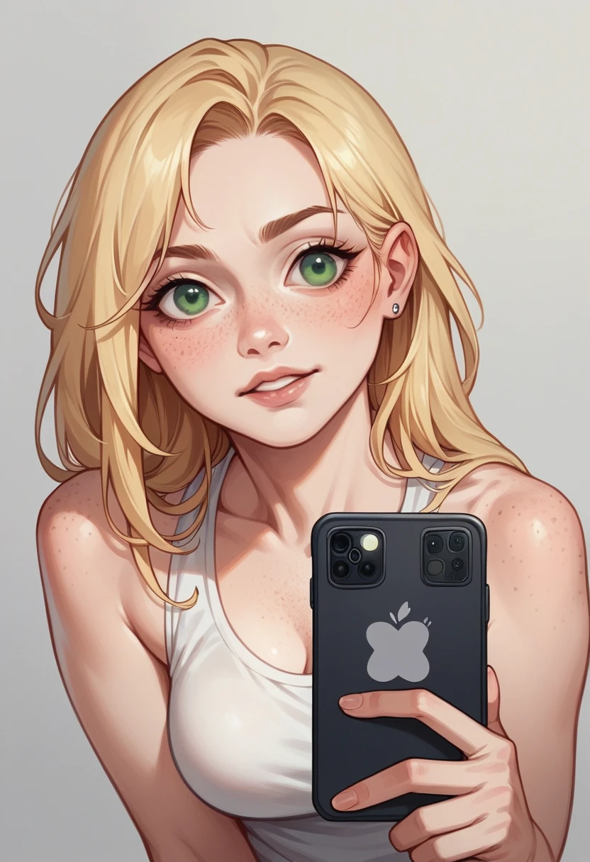 I want an attractive woman around 20 years old, Blonde hair, green eyes, grayish-green with freckles, photos for only fans photos taken with an iphone 15