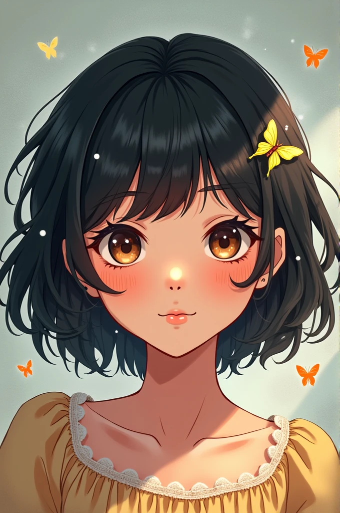 Hispanic, fluffy black hair, brown eyes, anime