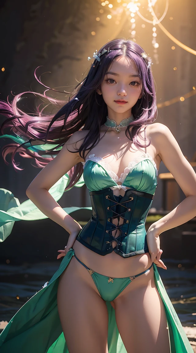 Masterpiece, best quality, 1 girl, with long, flowing, sparkling purple hair, light blue, And green, wearing a chic, dark red corset with a thong revealing the lower abdomen, standing in a striking pose with one hand on her hip, and the other holding a glowing light., magical crystal ball. in the background, swirling currents of light and energy enhance the mysterious and captivating atmosphere of the scene. I glow, colorful hair