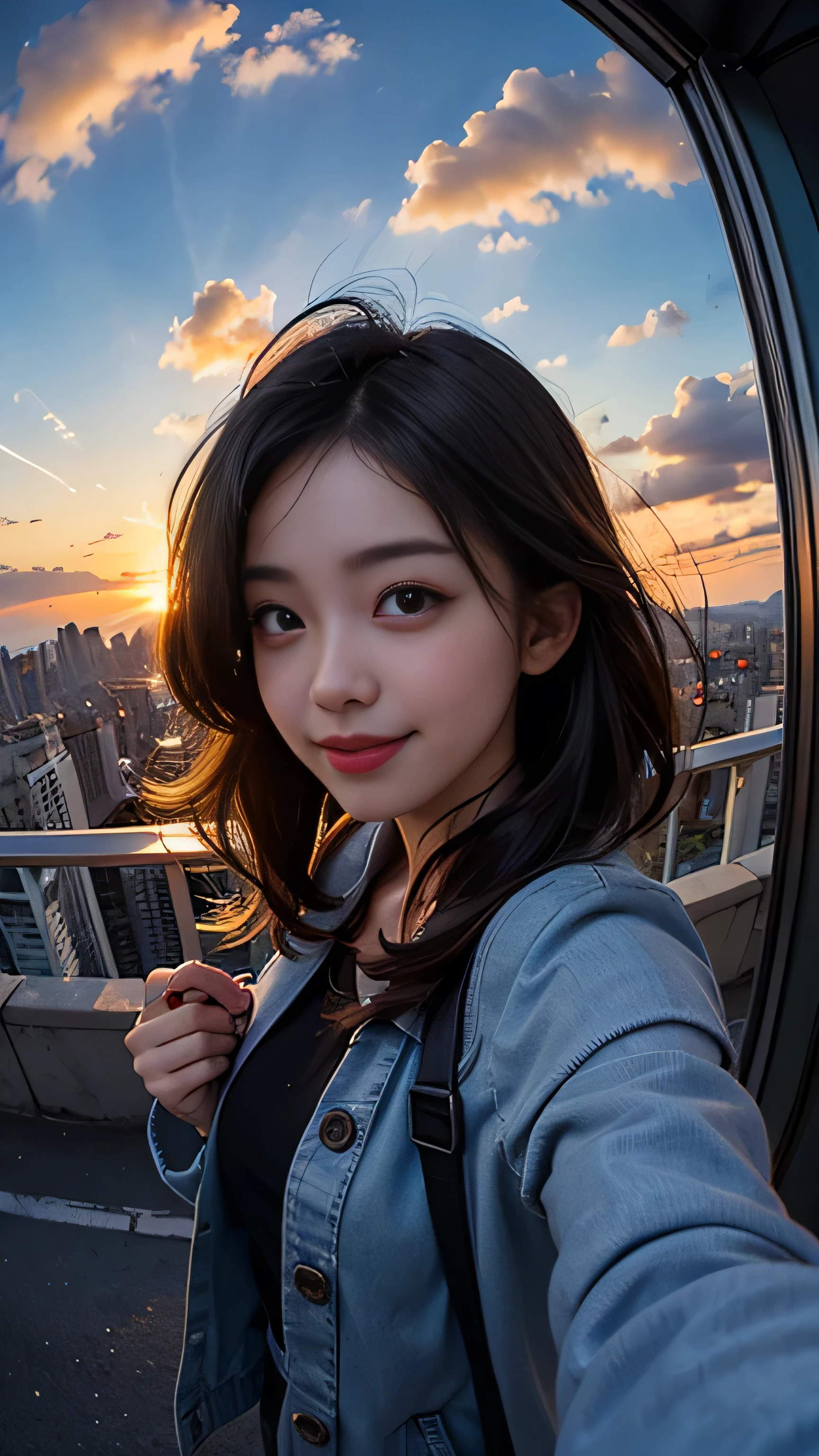 One girl, Korean, Fisheye Lens, Selfie, Wind, Messy Hair, sunset, Cityscape, (Aesthetics and atmosphere:1.2),smile