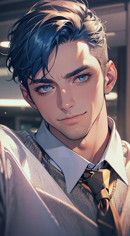 (best quality,4k,8k,highres,masterpiece:1.2),ultra-detailed,(realistic,photorealistic,photo-realistic:1.37),1 man,3,mature man,very handsome,without expression,smile,short blue hair,blue eyes,penetrating gaze,perfect face without errors,imposing posture,businessman,office background,cinematic lighting,hdr image