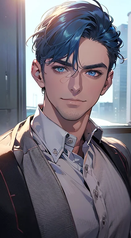 (best quality,4k,8k,highres,masterpiece:1.2),ultra-detailed,(realistic,photorealistic,photo-realistic:1.37),1 man,3,mature man,very handsome,without expression,smile,short blue hair,blue eyes,penetrating gaze,perfect face without errors,imposing posture,businessman,office background,cinematic lighting,hdr image