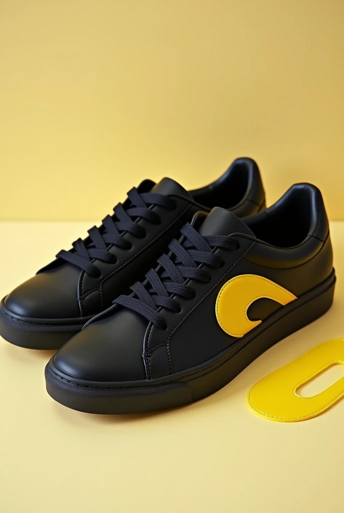 Classic base sneakers, but minimalist upper, all Black, with a single stripe in yellow and in an abstract shape.