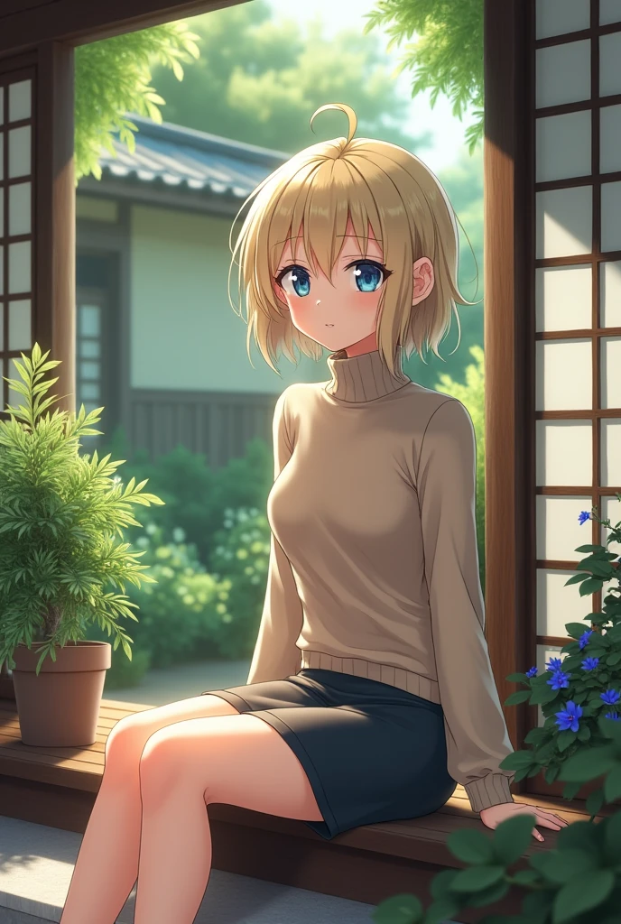 (photorealism:1.2), Anime woman, light blonde, wearing turtleneck sweater, wearing pencil skirt, short hair, smile, blue eyes, grown woman, full body, sitting on the porch, japanese style home, plants in the garden