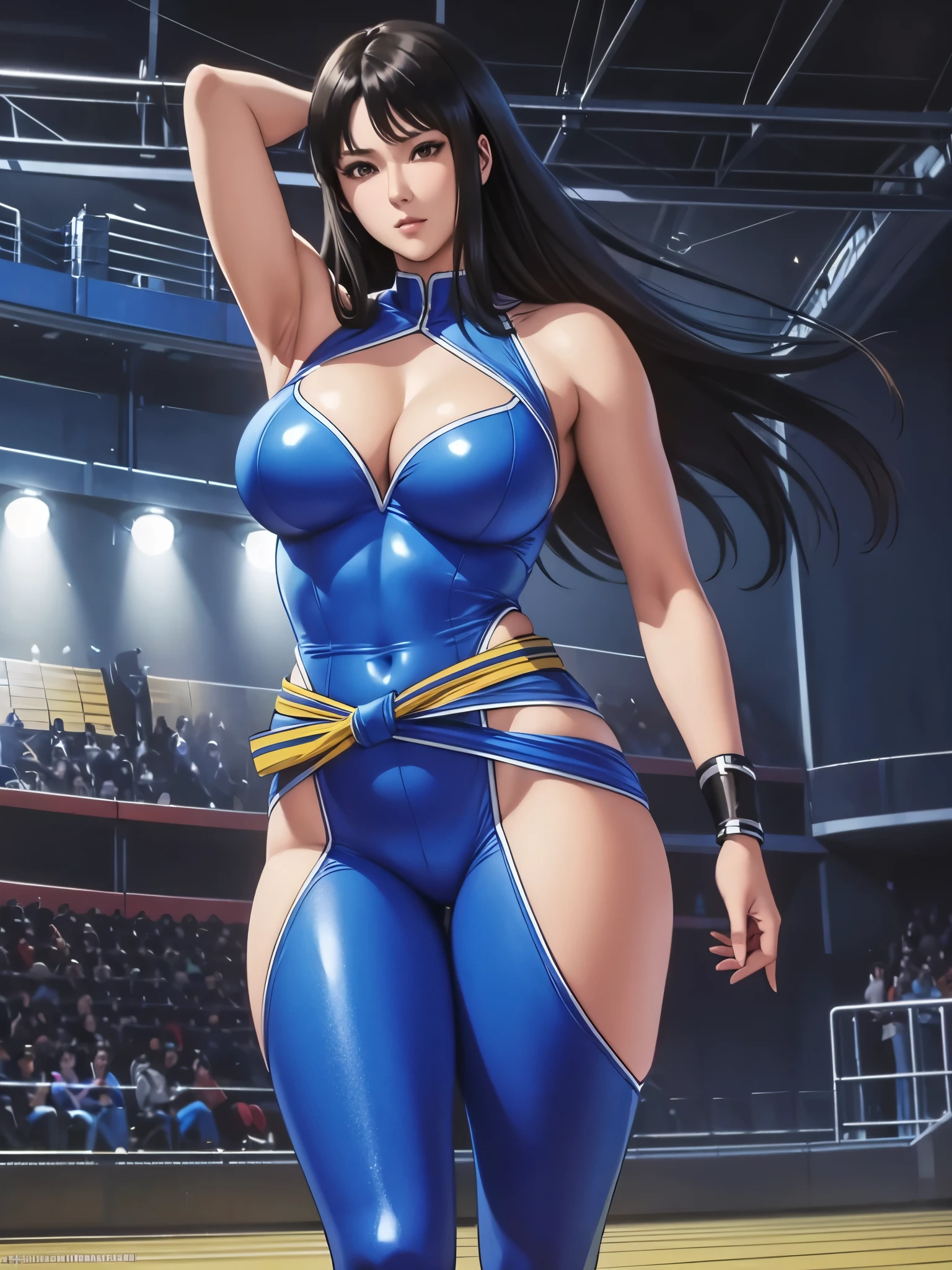 (Armpit Show),masterpiece, Highest quality, Very detailed, 超High resolution, (photoRealistic: 1.8), 非Realistic_engine, photo shoot, Realistic_skin_texture, wallpaper, 1 person, hayato kasukabe, The Face of Japan, (ultra Detailed face), 8k, Art Station Trends, Very detailed , Highest quality, Very detailedな, Realistic, kiss oh hitomi, 1 person, beautiful girl, Long black hair, 緻密でBeautiful Eyes, Beautiful lip detail, eyelash, Beautiful Eyes, Beautiful brown eyes, Detailed face, Beautiful Face, Beautiful Face, Blue bodysuit, Dressed in blue, Take it off your shoulders, A bright yellow belt around the waist, Bright colors, High resolution, Studio Lighting, Sharp focus, Behavior towards spectators, Pose in front of an audience.