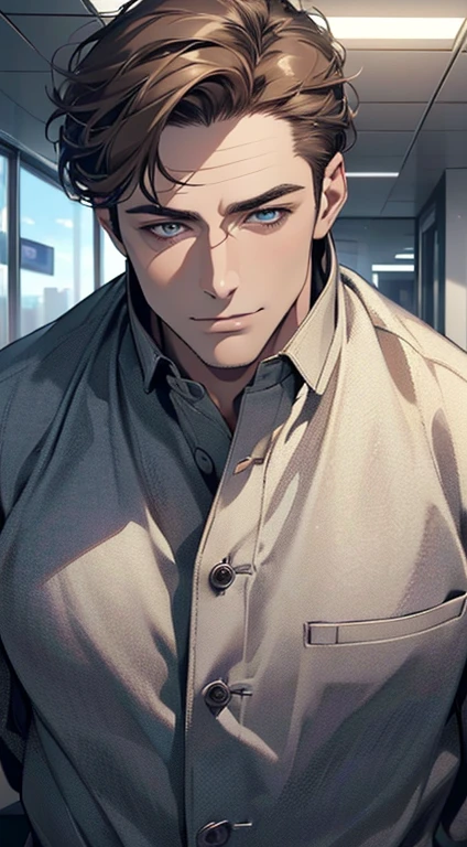 (best quality,4k,8k,highres,masterpiece:1.2),ultra-detailed,(realistic,photorealistic,photo-realistic:1.37),1 man,3,mature man,very handsome,without expression,smile,short grey brown hair,blue eyes,penetrating gaze,perfect face without errors,imposing posture,businessman,office background,cinematic lighting,hdr image