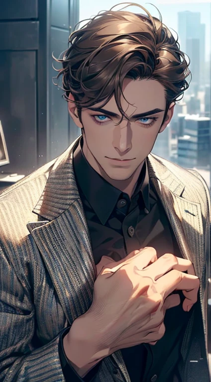 (best quality,4k,8k,highres,masterpiece:1.2),ultra-detailed,(realistic,photorealistic,photo-realistic:1.37),1 man,3,mature man,very handsome,without expression,smile,short grey brown hair,blue eyes,penetrating gaze,perfect face without errors,imposing posture,businessman,office background,cinematic lighting,hdr image