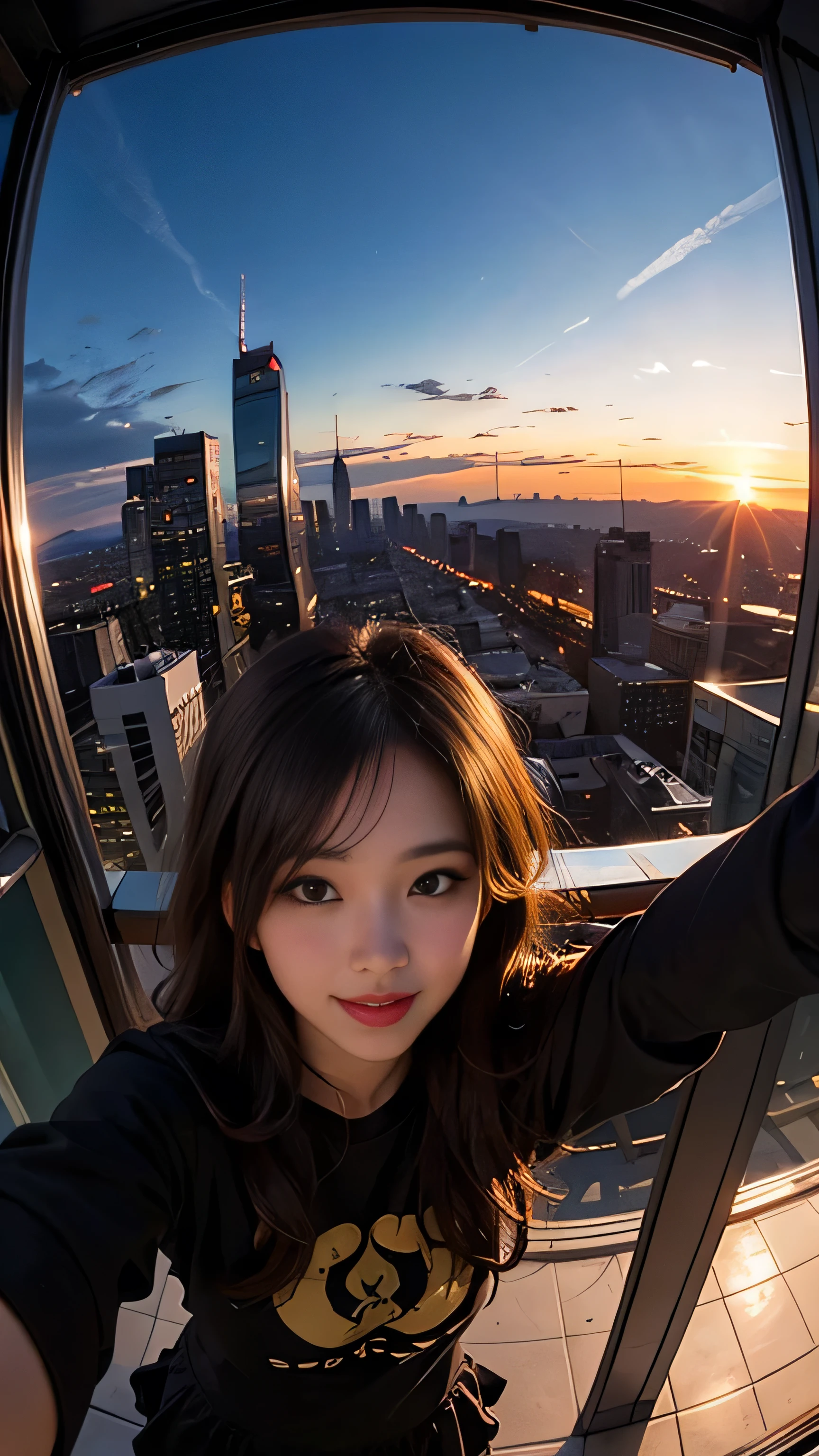 One girl, Korean, Fisheye Lens, Selfie, Wind, Messy Hair, sunset, Cityscape, (Aesthetics and atmosphere:1.2),smile