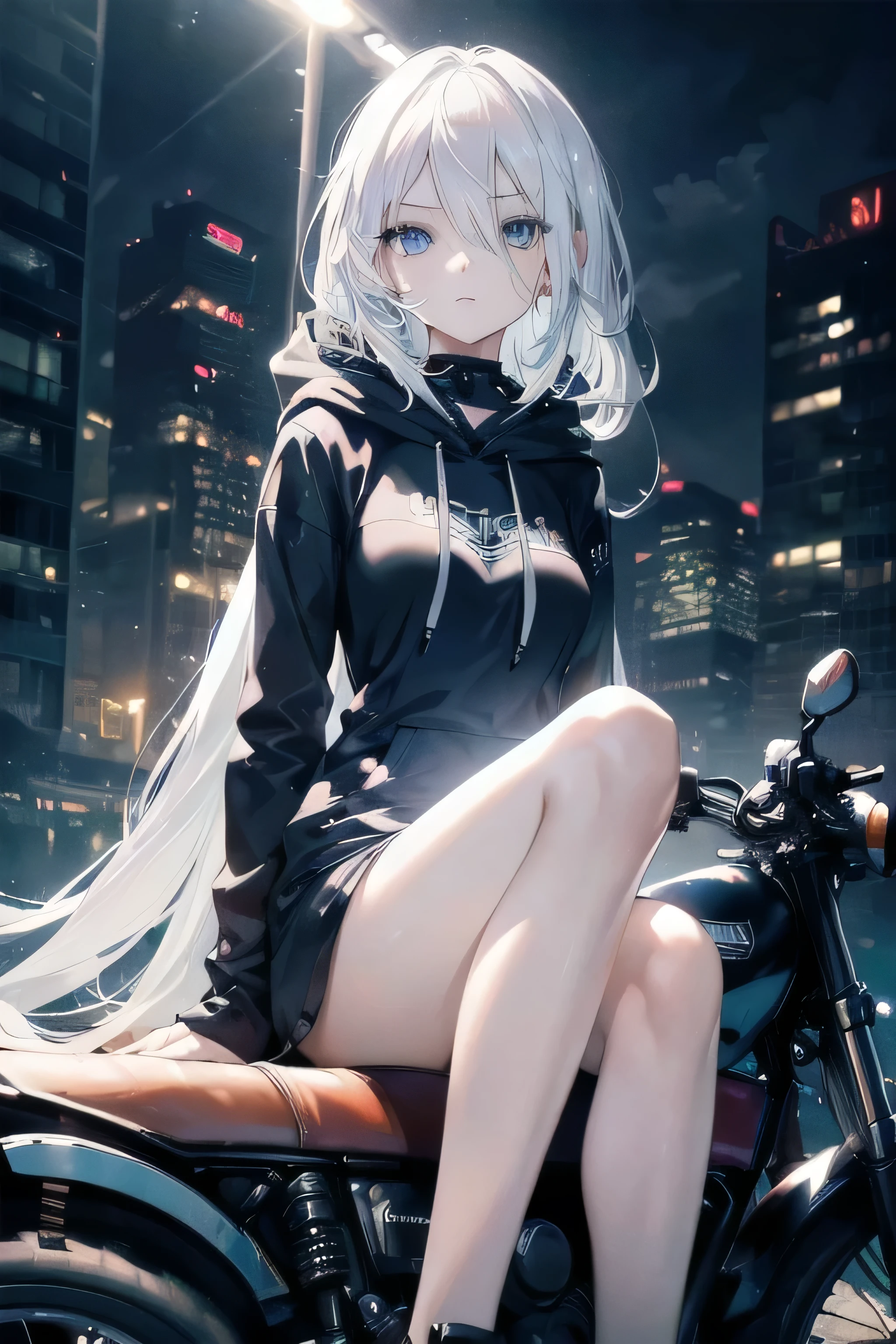 ((masterpiece)), ((best quality)), ((best illustration)), ((ultra-detailed)),((photorealistic color)), 1 lady, solo, ager, absurdly long hair, white hair, straight hair, ((blue eyes)), ((ultra detailed eyes)), ((ultra detailed face)), gloomy, hoodie, thin body, thin arms, long arms, urban, night, sitting on motorcycle, holding a pistol, backlight
