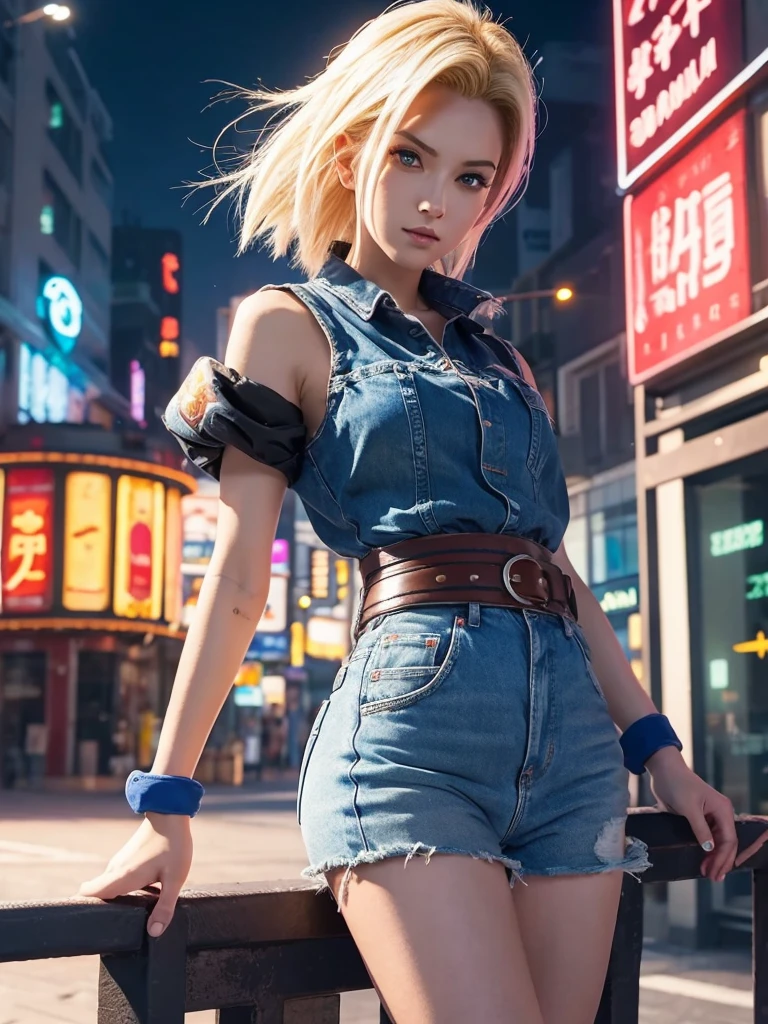 Masterpiece, best quality, ai-generated,official art,dragon ball,1girl,android 18, city,stylish pose,