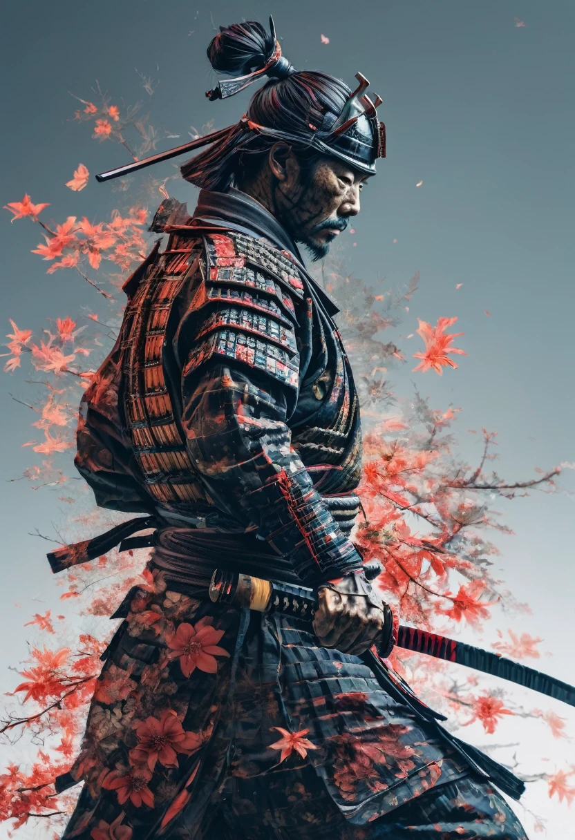 Samurai, Double exposure, Multiple exposure, best qualityer, work of art, Representative work, offcial art, proffesional, ultra intricate detailed, 8k