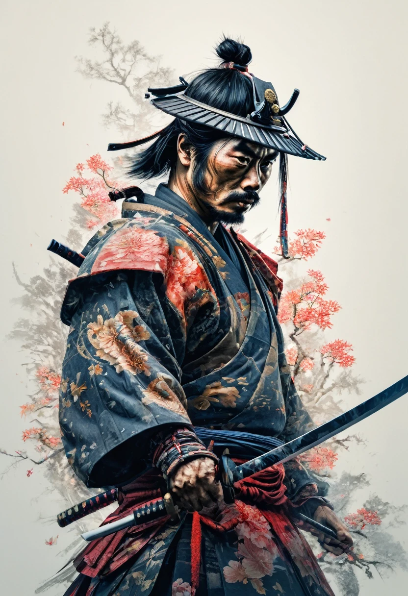 Samurai, Double exposure, Multiple exposure, best qualityer, work of art, Representative work, offcial art, proffesional, ultra intricate detailed, 8k