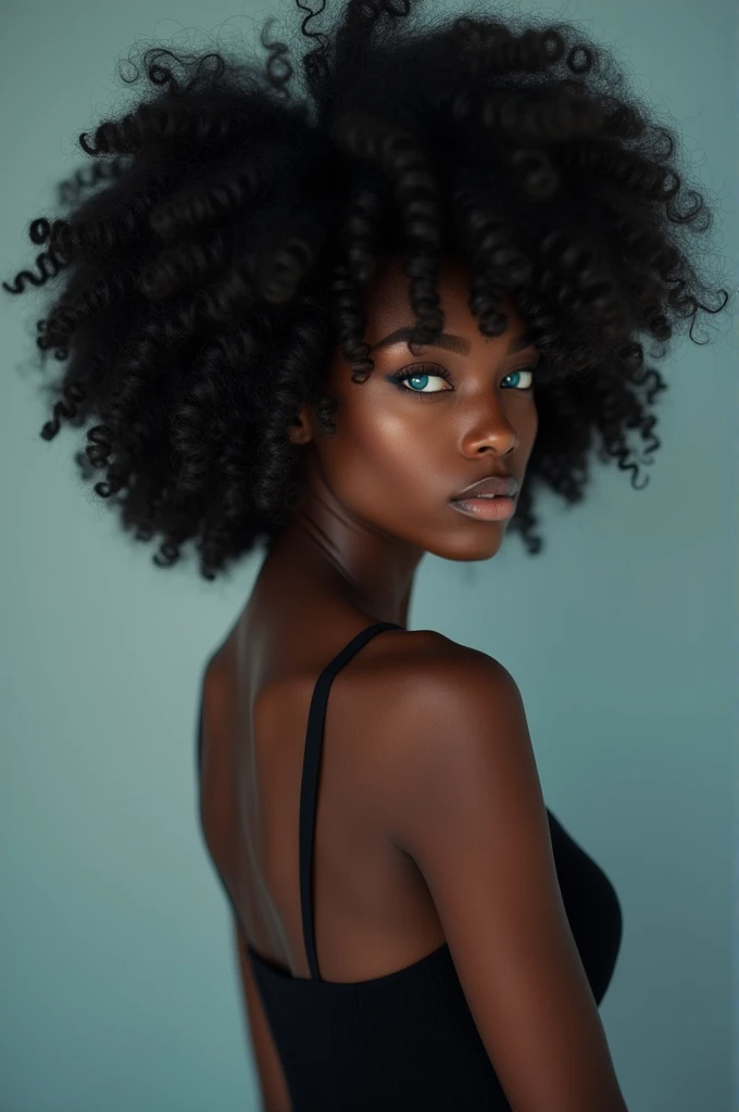 Create a tall curly haired blue eyed black model