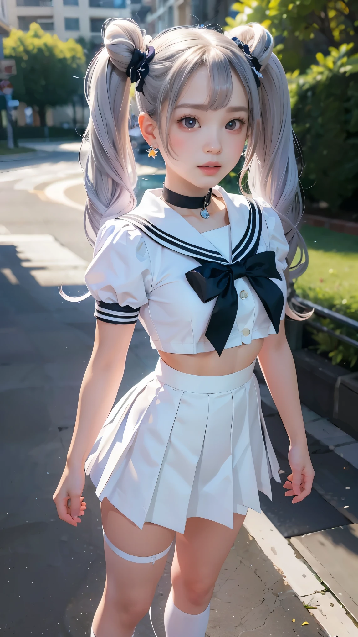 photorealistic, (hyperrealistic:1.2), (extremely detailed CG unity 8k wallpaper), (ultra-detailed), masterpiece, best quality, 1girl, sailor cosmos, standing, fullbody, solo, long hair, skirt, hair ornament, twintails, jewelry, purple eyes, white hair, pleated skirt, earrings, choker, sailor collar, hair bun, cape, character name, double bun, facial mark, white skirt, brooch, white sailor collar, hairpin, forehead mark, white choker, sailor senshi uniform, holding staff