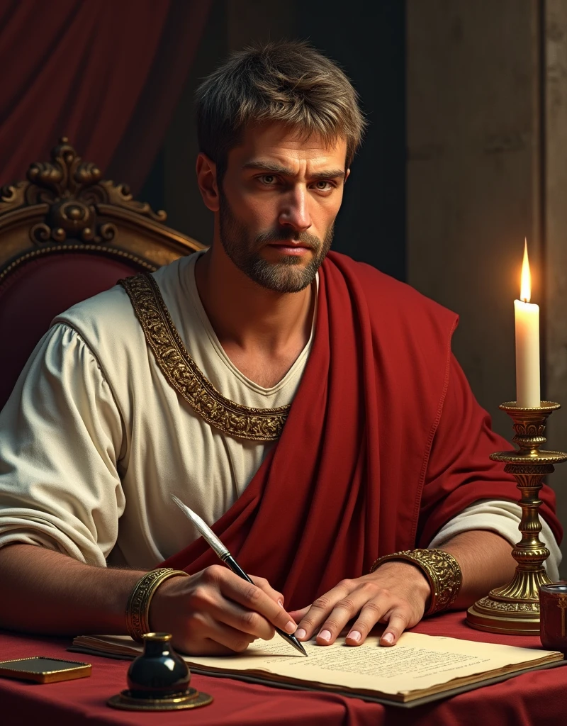 Side view, looking parchment, 1 male , Roman Emperor Tiberius, 4 BC, He is 3, (Light brown hair, Short Hair, permanent hair, Brown eyes, Severe) , (wearing White an ancient Roman imperial ionic tunic:1.5), (Red Cloak put on shoulder:1.3), (Put a red cape over your shoulders:1.3), Sandals, At the Palace),hand hold ((Goose quill pen:1.3)) ,parchment, a small ink pot on desk. a candelabra, Island of Rhodes palace, Sit down, Writing a book, night, candle light, Textured skin , HI Detail Skin, (Shorthand, Canon, 8k, Anatomically correct, Super Detail, Attention to detail, Your Highness,