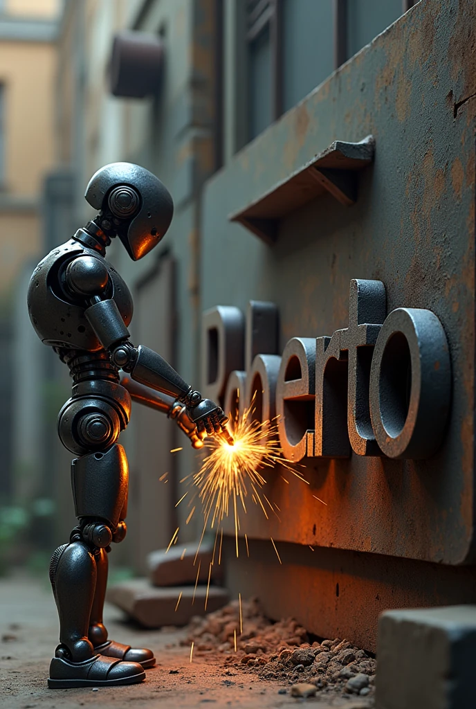 A robot watching and a locksmith welding the name of Roberto, the name that is made of iron and the weather is daytime and the background is random 