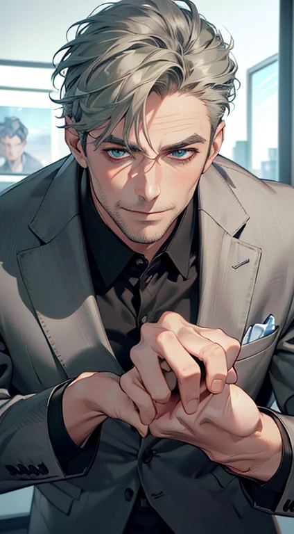 (best quality,4k,8k,highres,masterpiece:1.2),ultra-detailed,(realistic,photorealistic,photo-realistic:1.37),1 man,3,mature man,very handsome,without expression,smile,short grey green hair,blue eyes,penetrating gaze,perfect face without errors,imposing posture,businessman,office background,cinematic lighting,hdr image