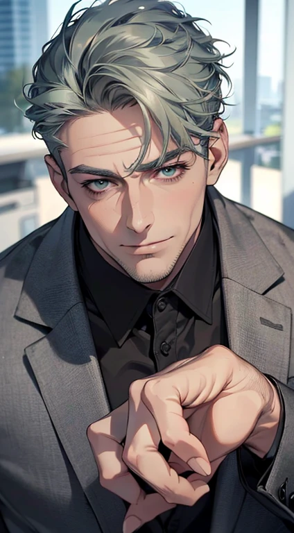 (best quality,4k,8k,highres,masterpiece:1.2),ultra-detailed,(realistic,photorealistic,photo-realistic:1.37),1 man,3,mature man,very handsome,without expression,smile,short grey green hair,blue eyes,penetrating gaze,perfect face without errors,imposing posture,businessman,office background,cinematic lighting,hdr image