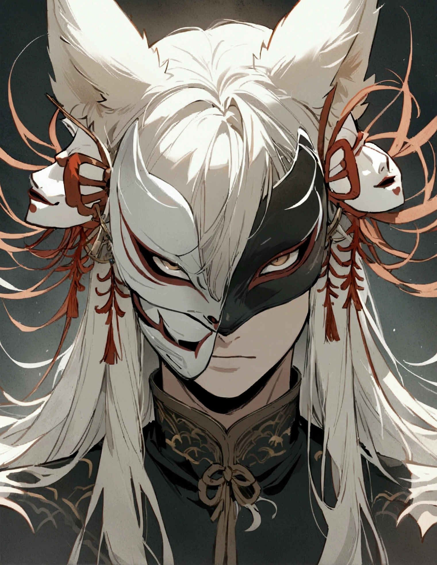 1boy, masculine, fox ears, white hair, long hair, masterpiece, illustration, chinese traditional style, face covered, masked, hannya mask, spider lillies, dark background, facing the viewer