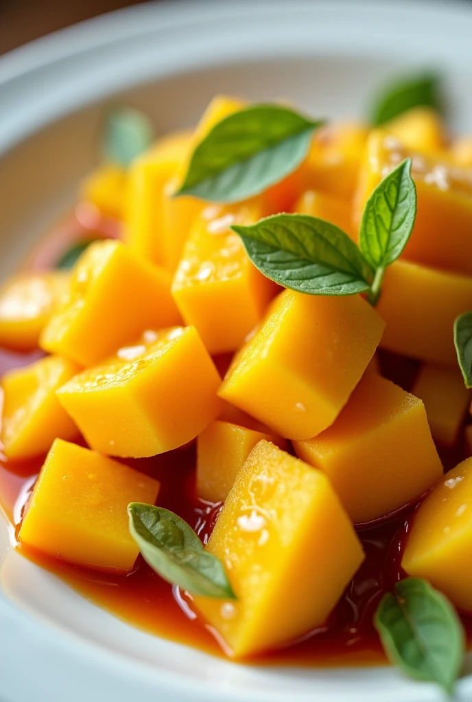 Sweet mango with fish sauce, crispy Thai green mangoes cut into pieces, served with delicious sweet fish sauce. It looks delicious and inviting.